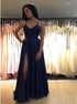 Spaghetti Straps V Neck Royal Blue Slit Prom Dresses LBQ1050